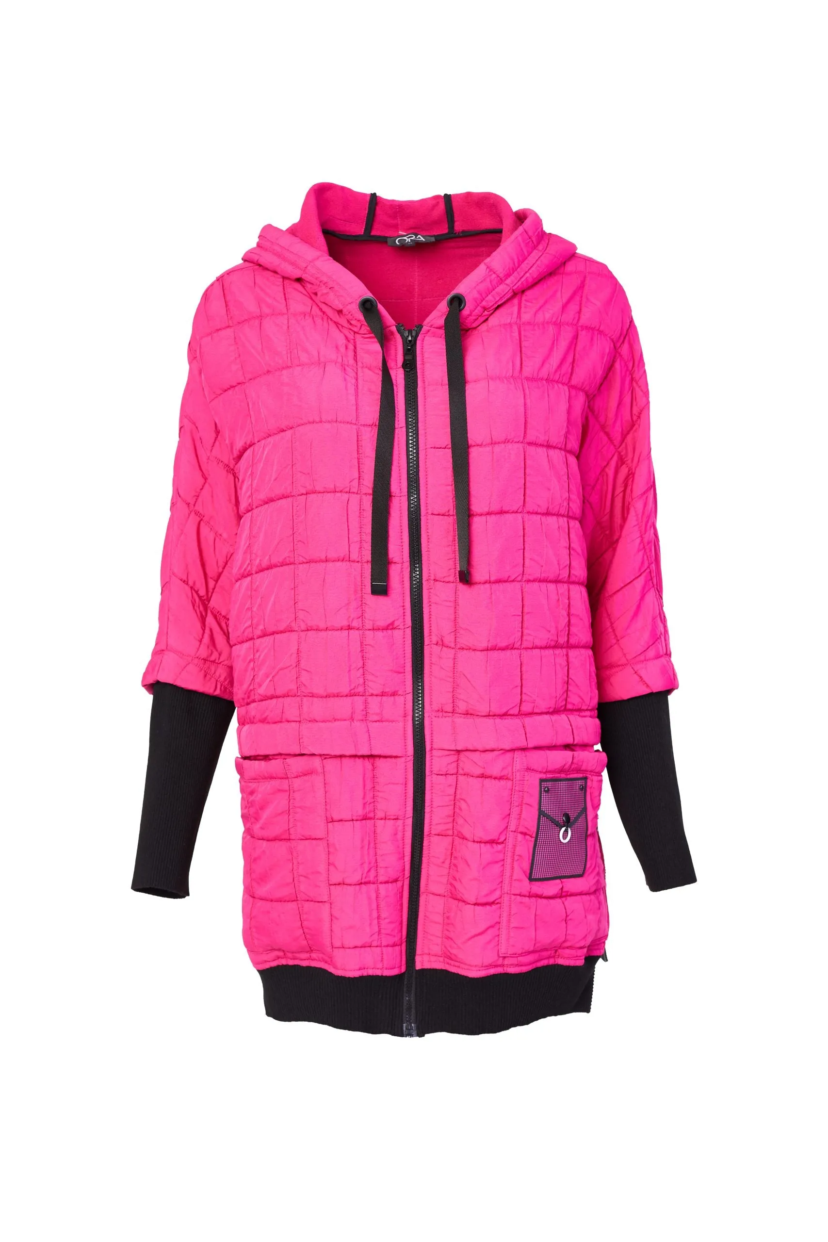 129- Ora Quilted Jacket w/ Contrast Cuff/Hem- Black & Pink