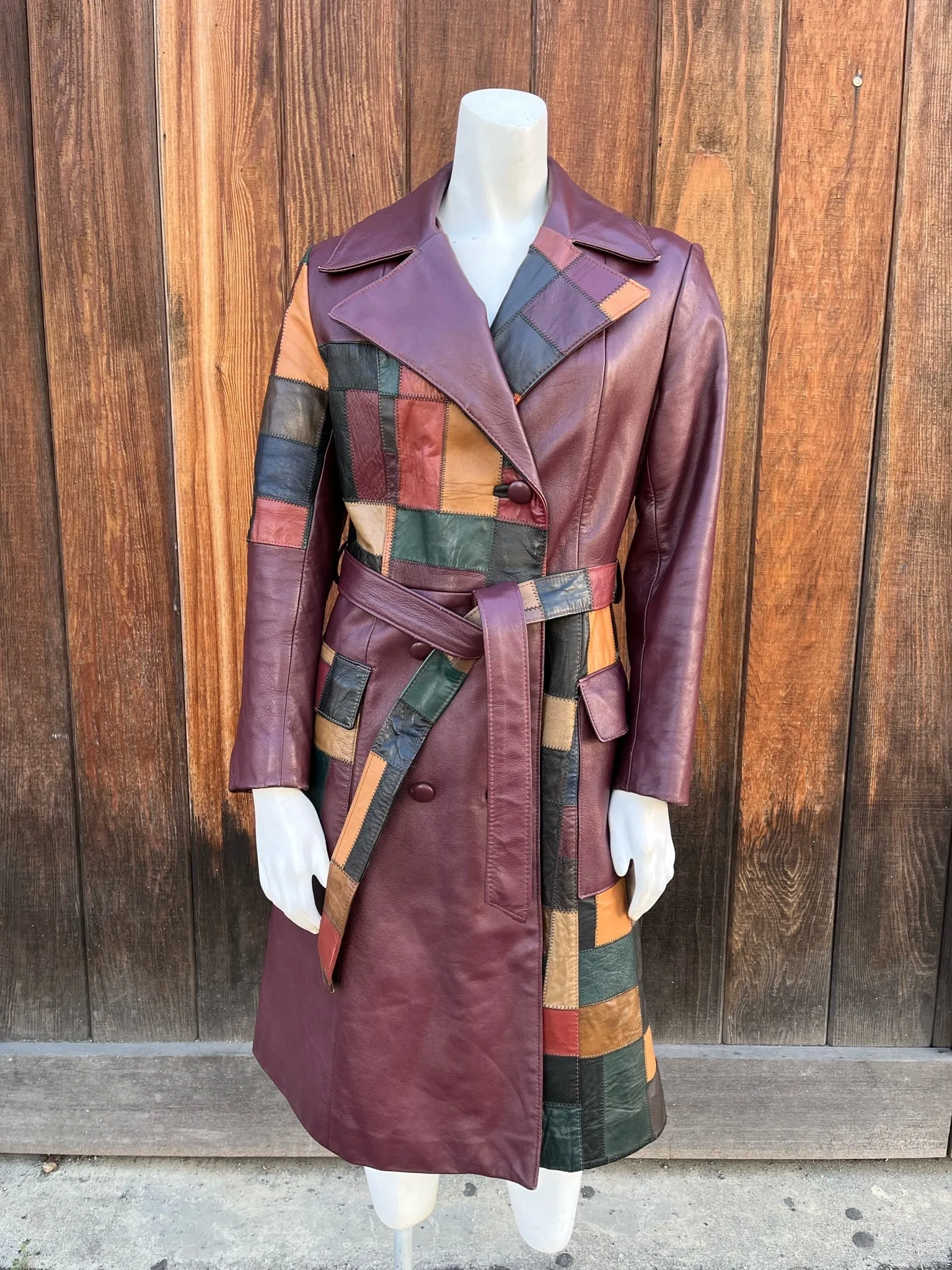 1970s Burgundy Ox Blood Patchwork Leather Trench