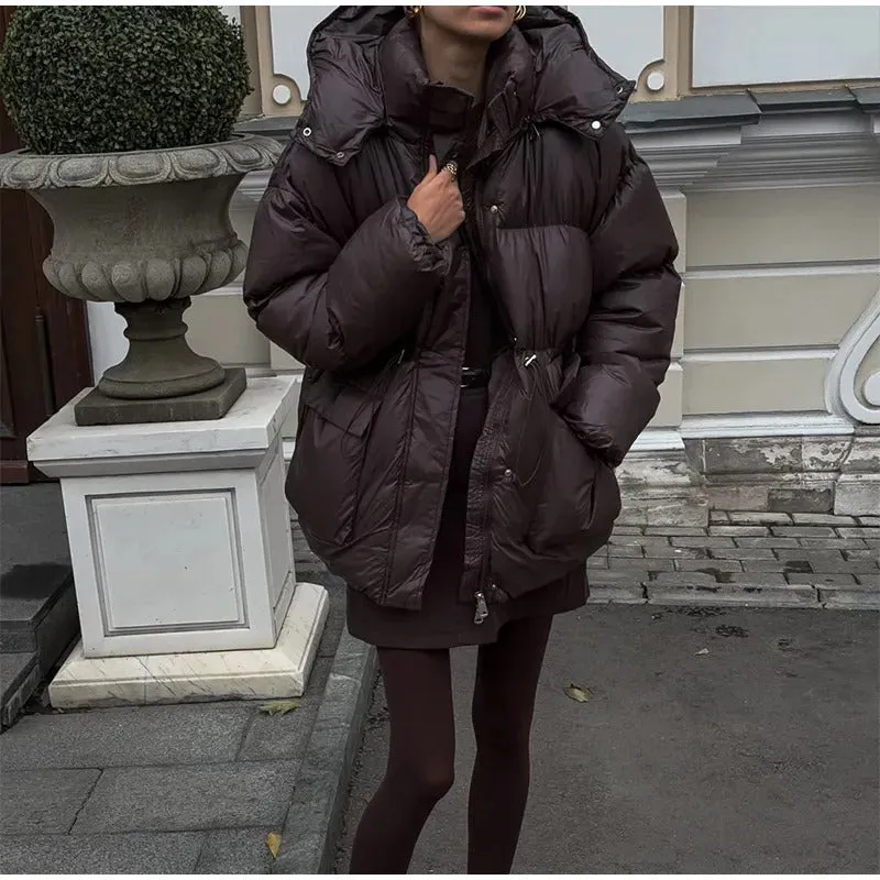 2024 Women Fashion Solid Drawstring Quilted Cotton Coat Winter Thicken Warm Pockets Zipper Hooded Jackets Chic Ladies Streetwear