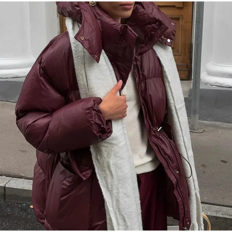 2024 Women Fashion Solid Drawstring Quilted Cotton Coat Winter Thicken Warm Pockets Zipper Hooded Jackets Chic Ladies Streetwear