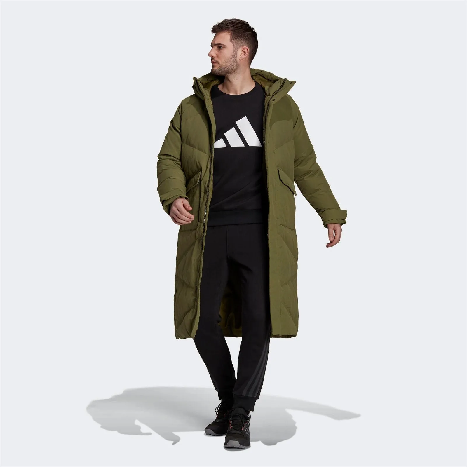 adidas Big Baffle Long Down Parka Coat - Focus Olive