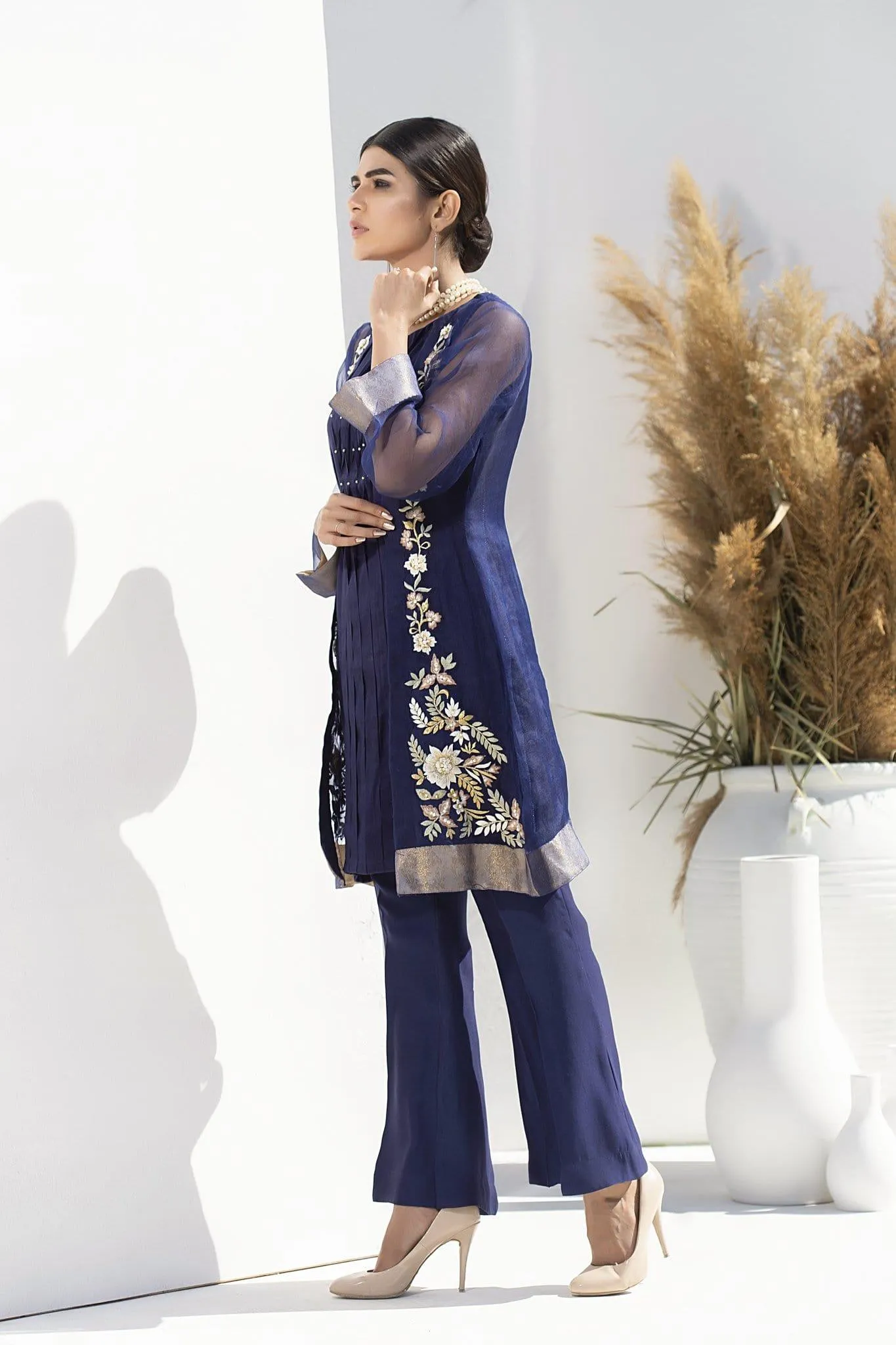 Aisha Fatema - Midnight Blue - 1001 - Organza Upper Coat - 3 Piece