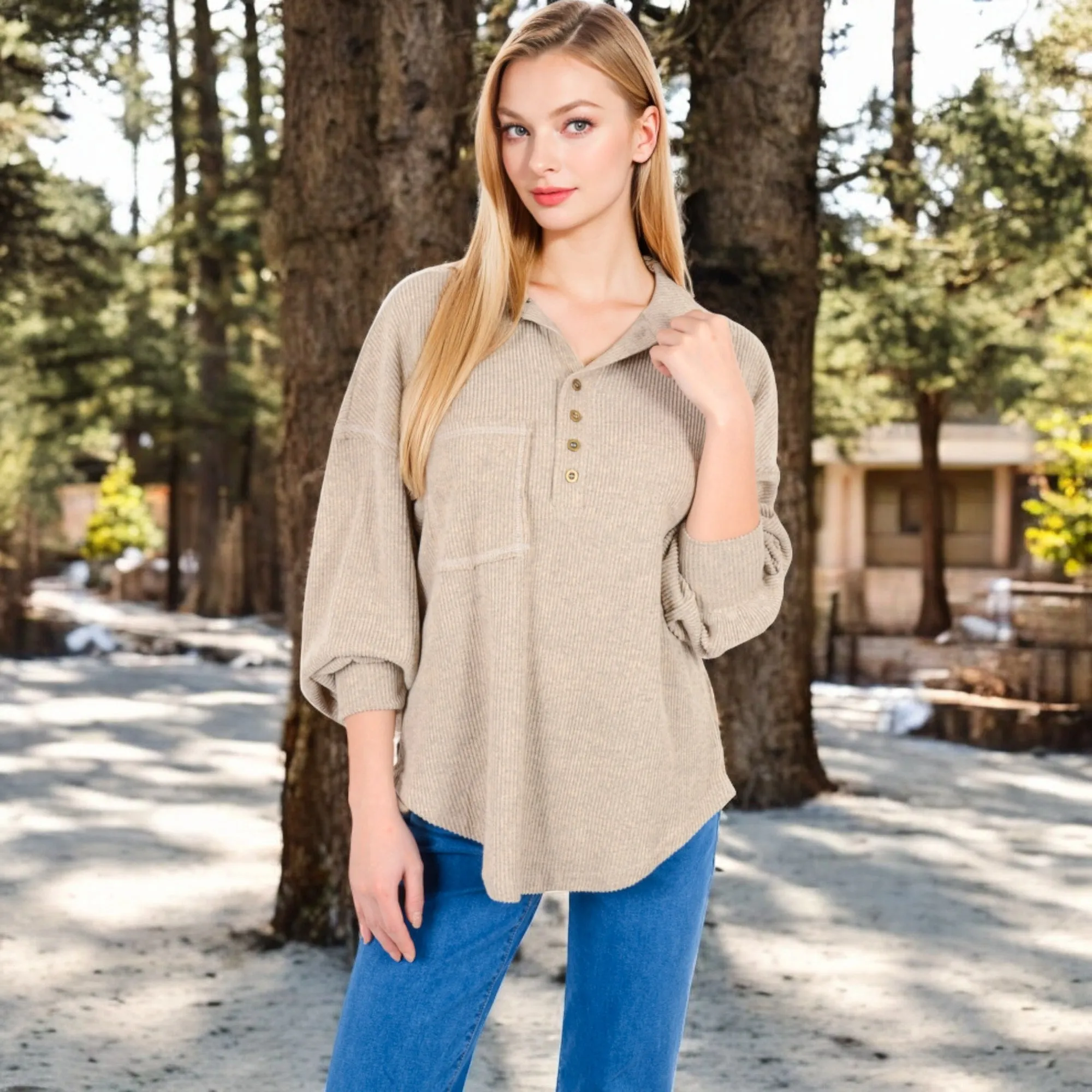 Anna-Kaci Women's Ribbed Knit Collared Pullover with Henley Buttons and Front Pocket