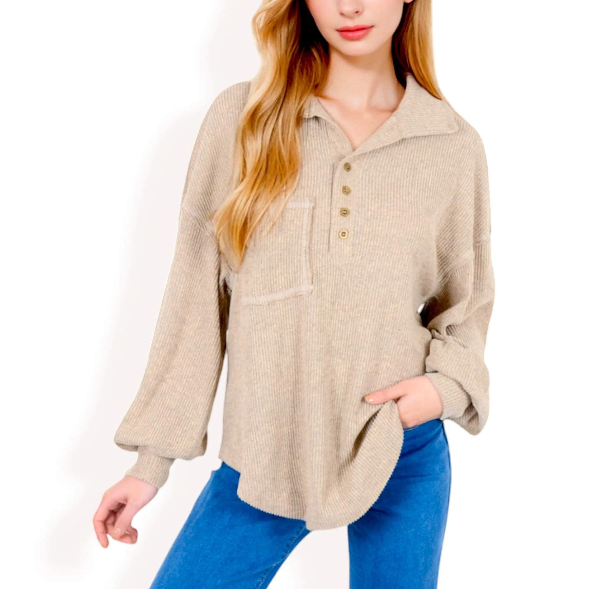 Anna-Kaci Women's Ribbed Knit Collared Pullover with Henley Buttons and Front Pocket