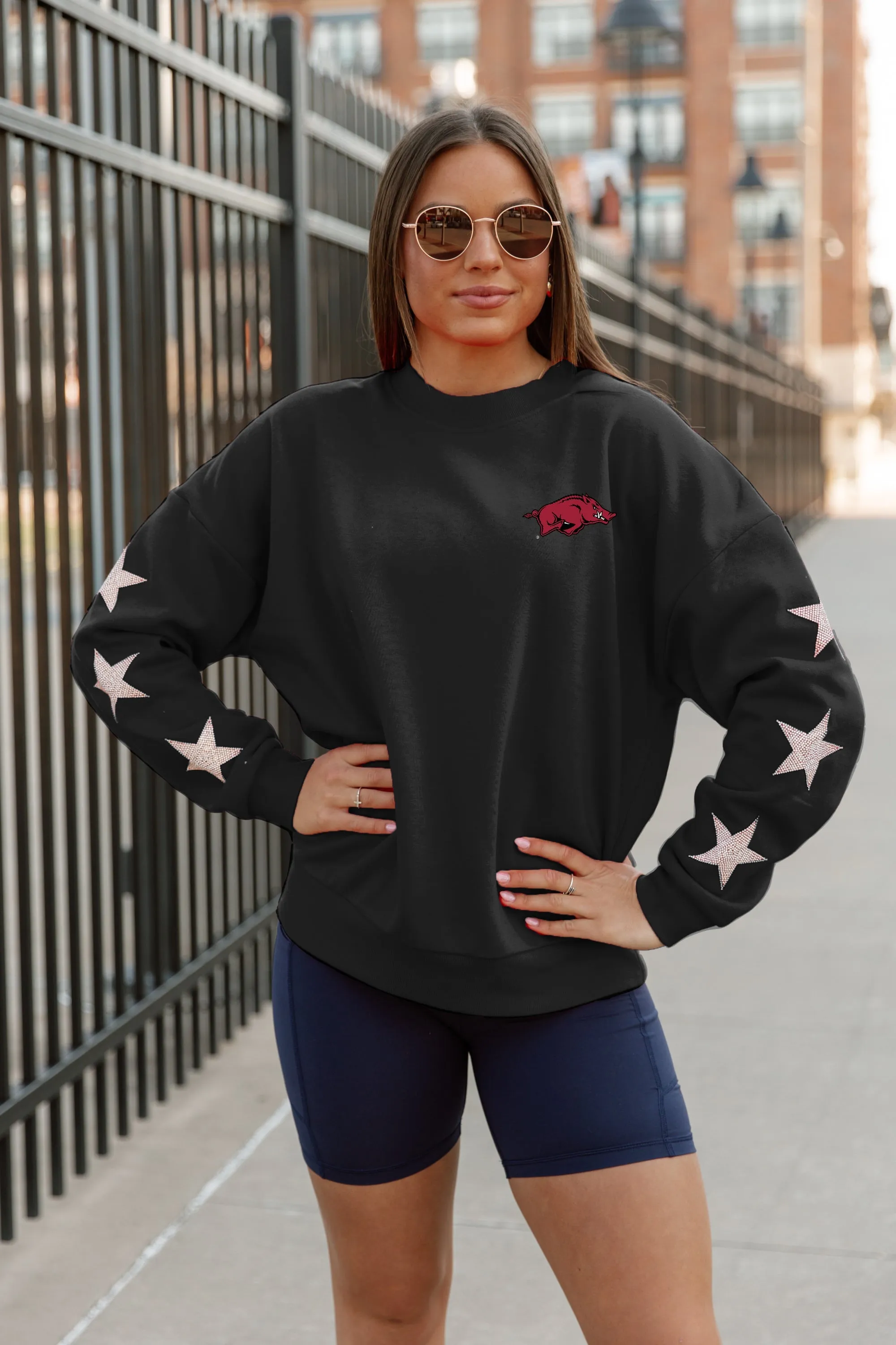 ARKANSAS RAZORBACKS DEDICATION EMBELLISHED STAR SLEEVE CREWNECK PULLOVER