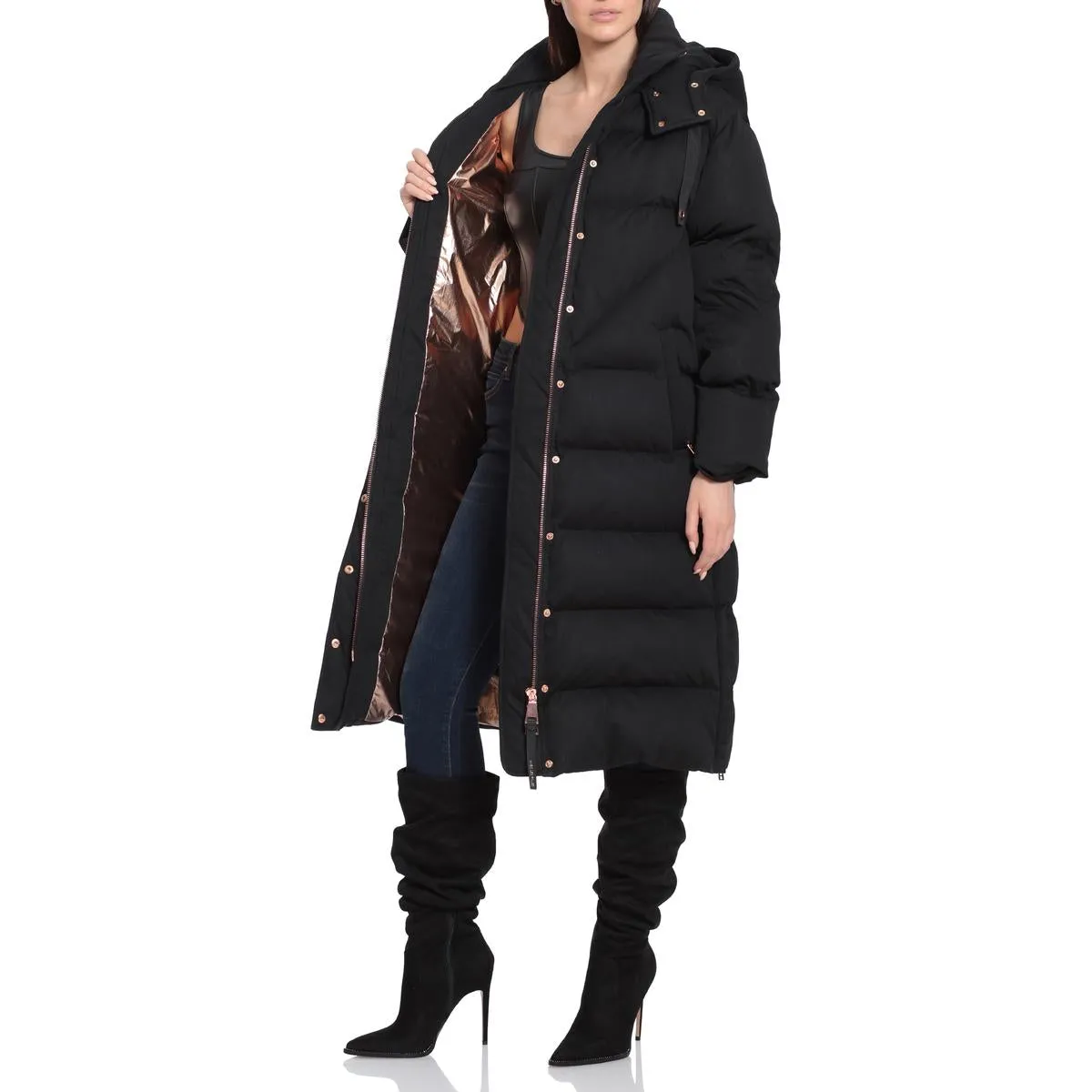 Aves Les Filles Women's Quilted Long Puffer Coat with Detachable Hood