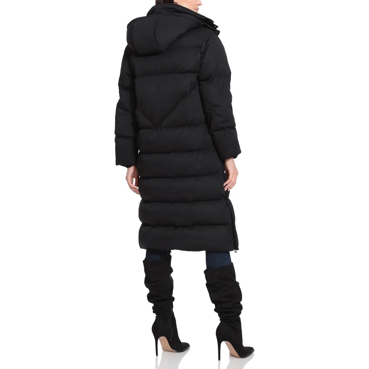 Aves Les Filles Women's Quilted Long Puffer Coat with Detachable Hood