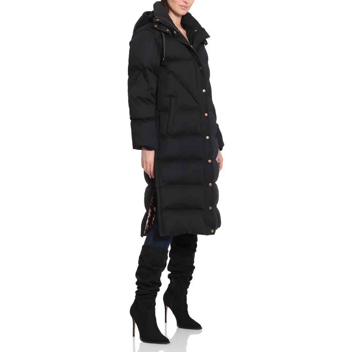 Aves Les Filles Women's Quilted Long Puffer Coat with Detachable Hood