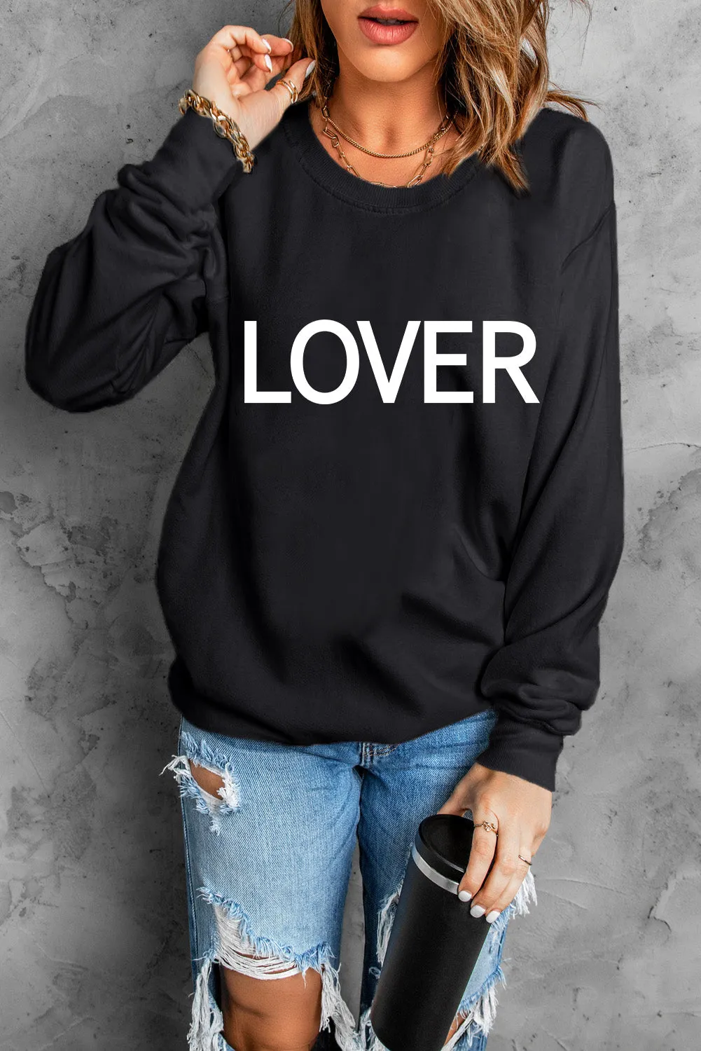 Black Lover Letter Print Crew Neck Pullover Sweatshirt