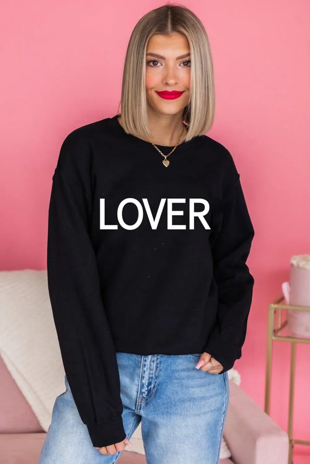 Black Lover Letter Print Crew Neck Pullover Sweatshirt