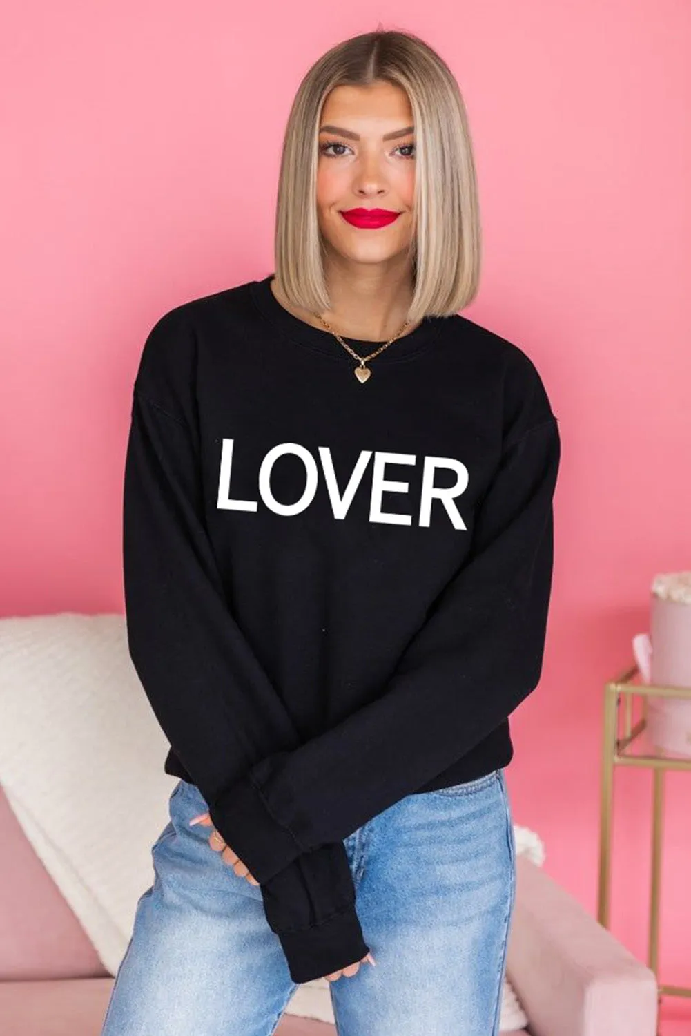 Black Lover Letter Print Crew Neck Pullover Sweatshirt