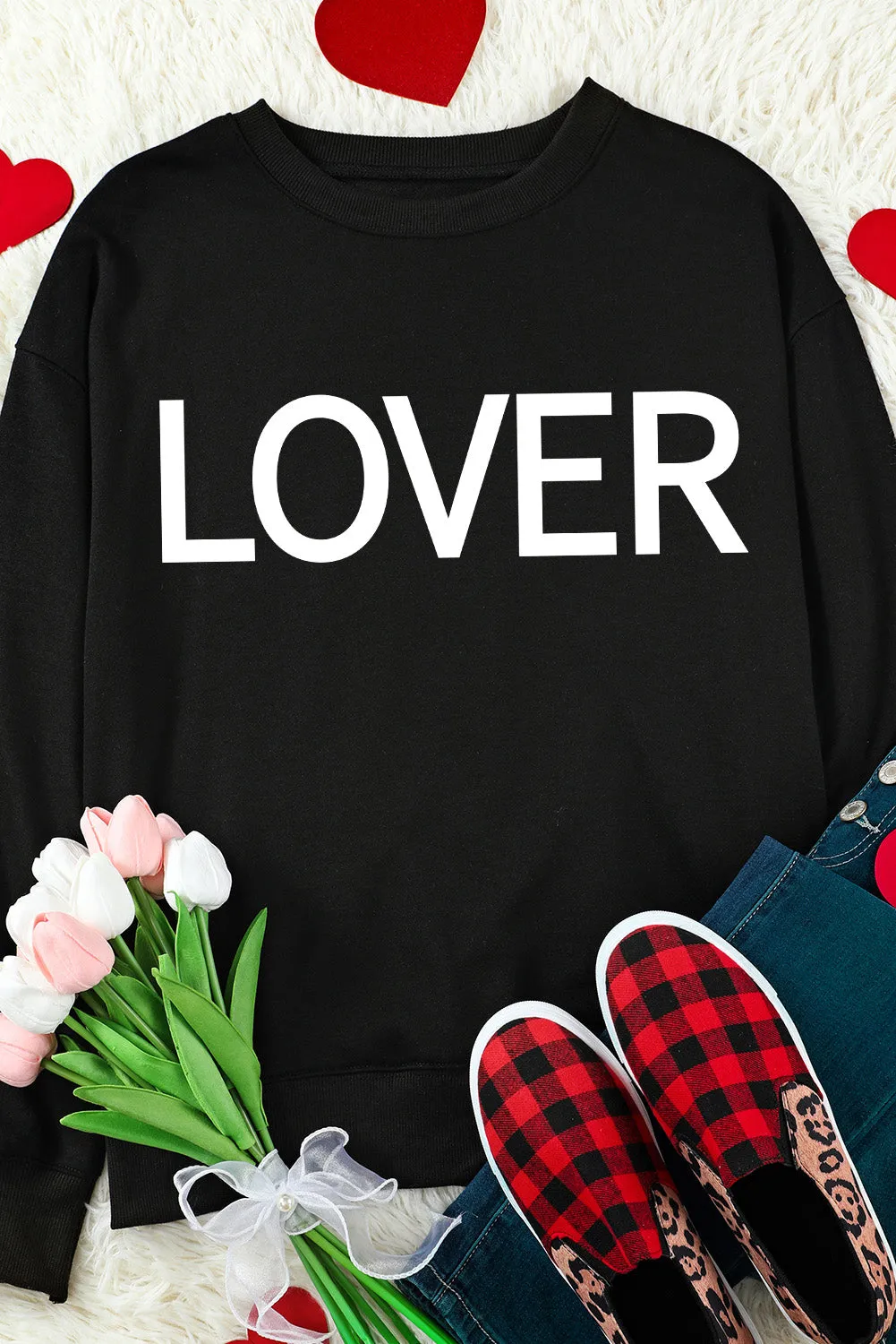 Black Lover Letter Print Crew Neck Pullover Sweatshirt