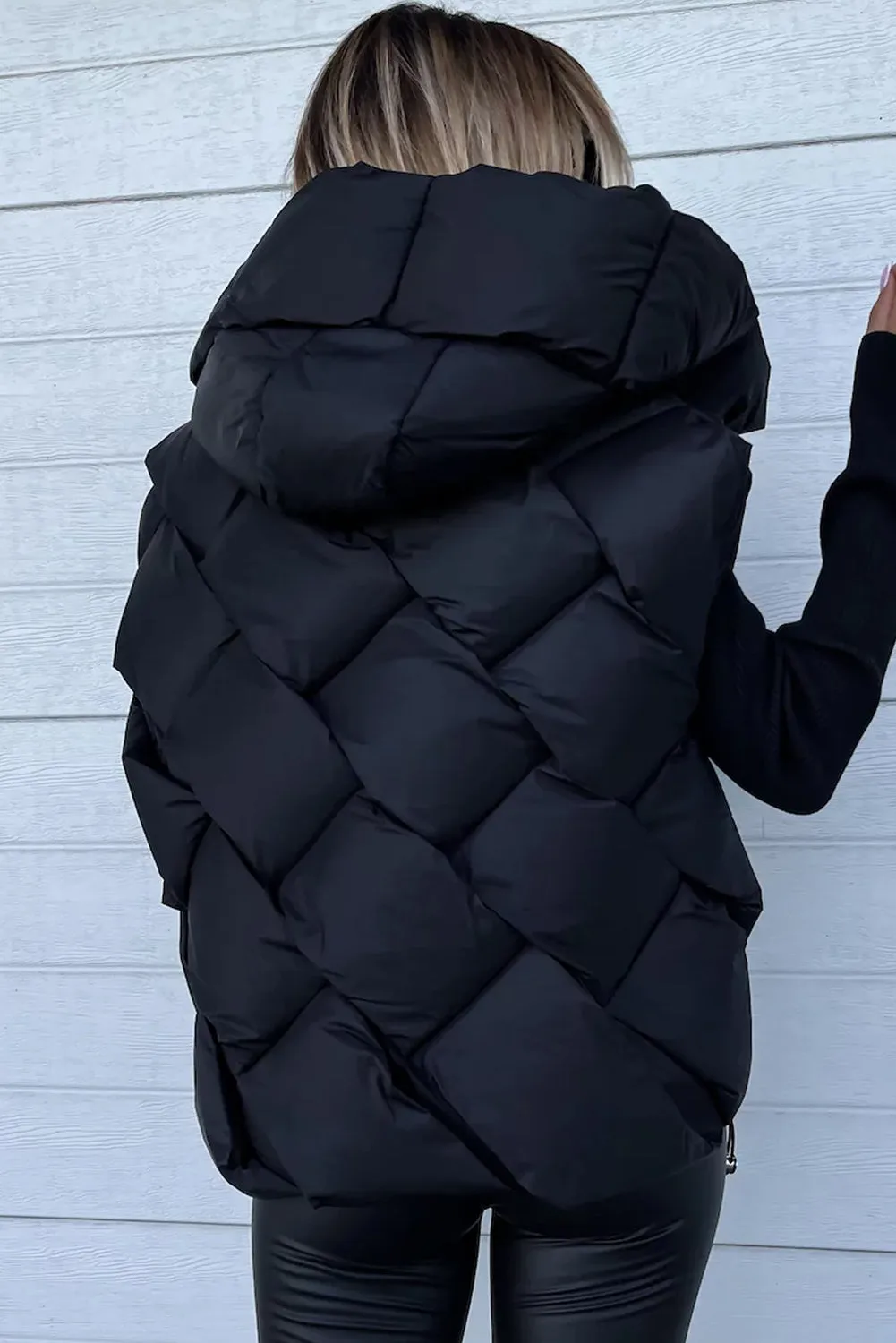 Black Quilted Zipper Front Hooded Vest Coat