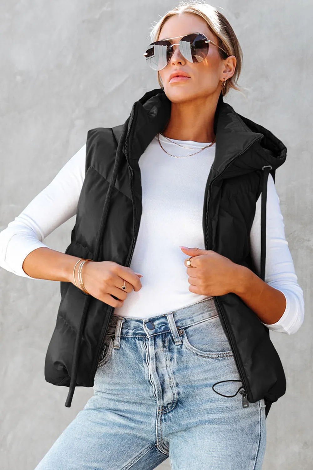 Black Sleek Quilted Puffer Hooded Vest Coat