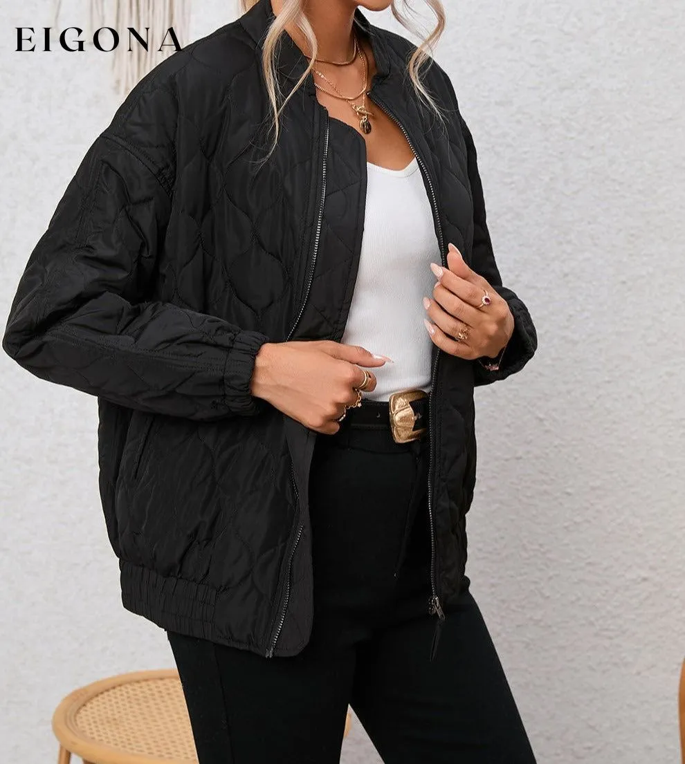 Black Solid Color Quilted Zip Up Puffer Jacket