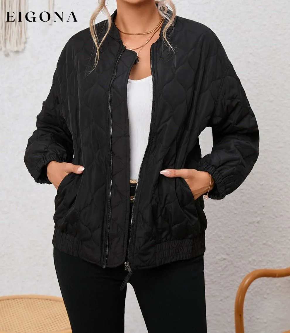 Black Solid Color Quilted Zip Up Puffer Jacket