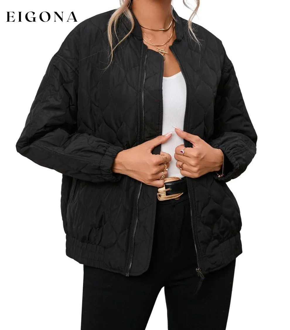 Black Solid Color Quilted Zip Up Puffer Jacket