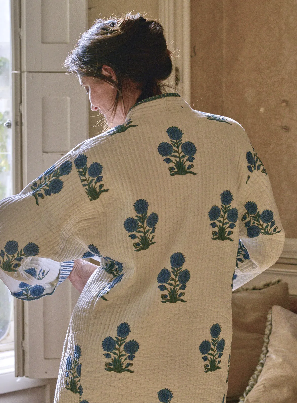 Block-printed Cotton Quilted Reversible Housecoat | Bleu