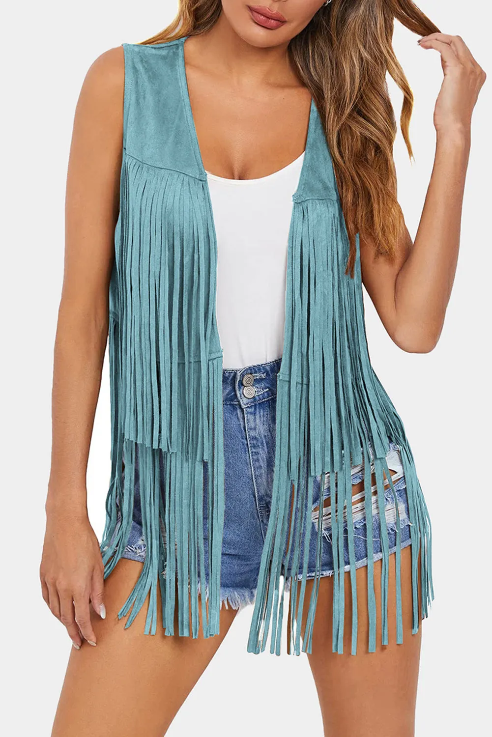 Blue Fringed Quilted Hem Open Vest Coat