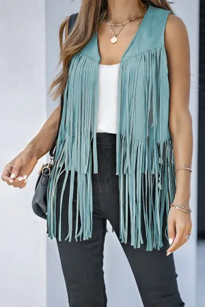 Blue Fringed Quilted Hem Open Vest Coat