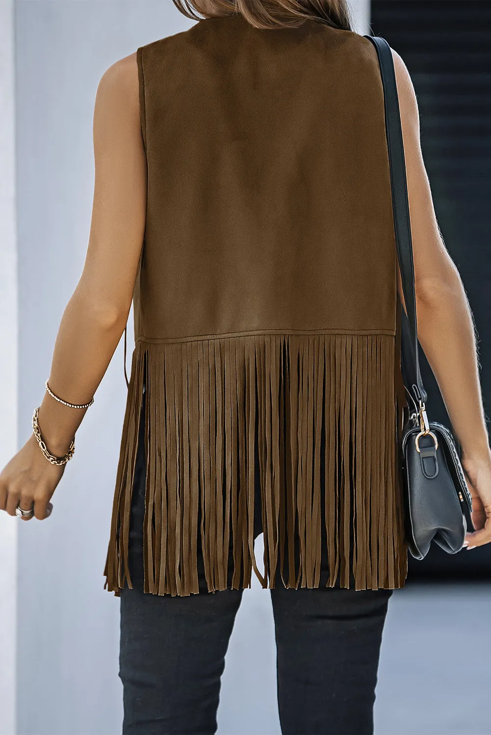 Brown Fringed Quilted Hem Open Vest Coat