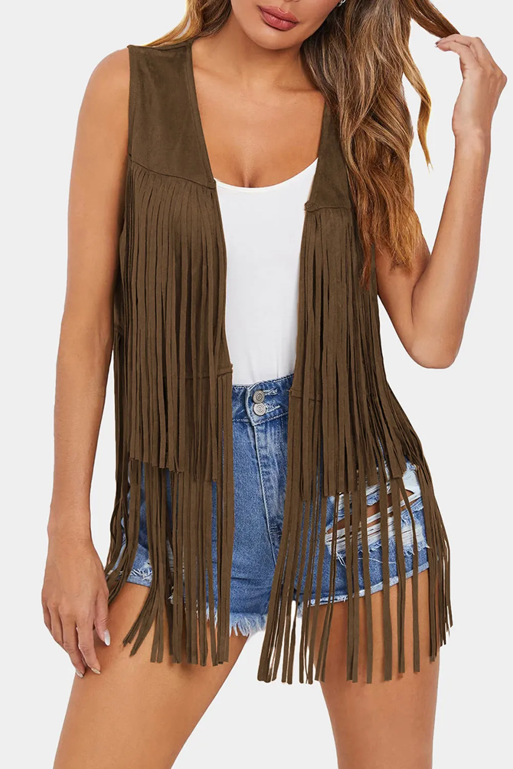 Brown Fringed Quilted Hem Open Vest Coat