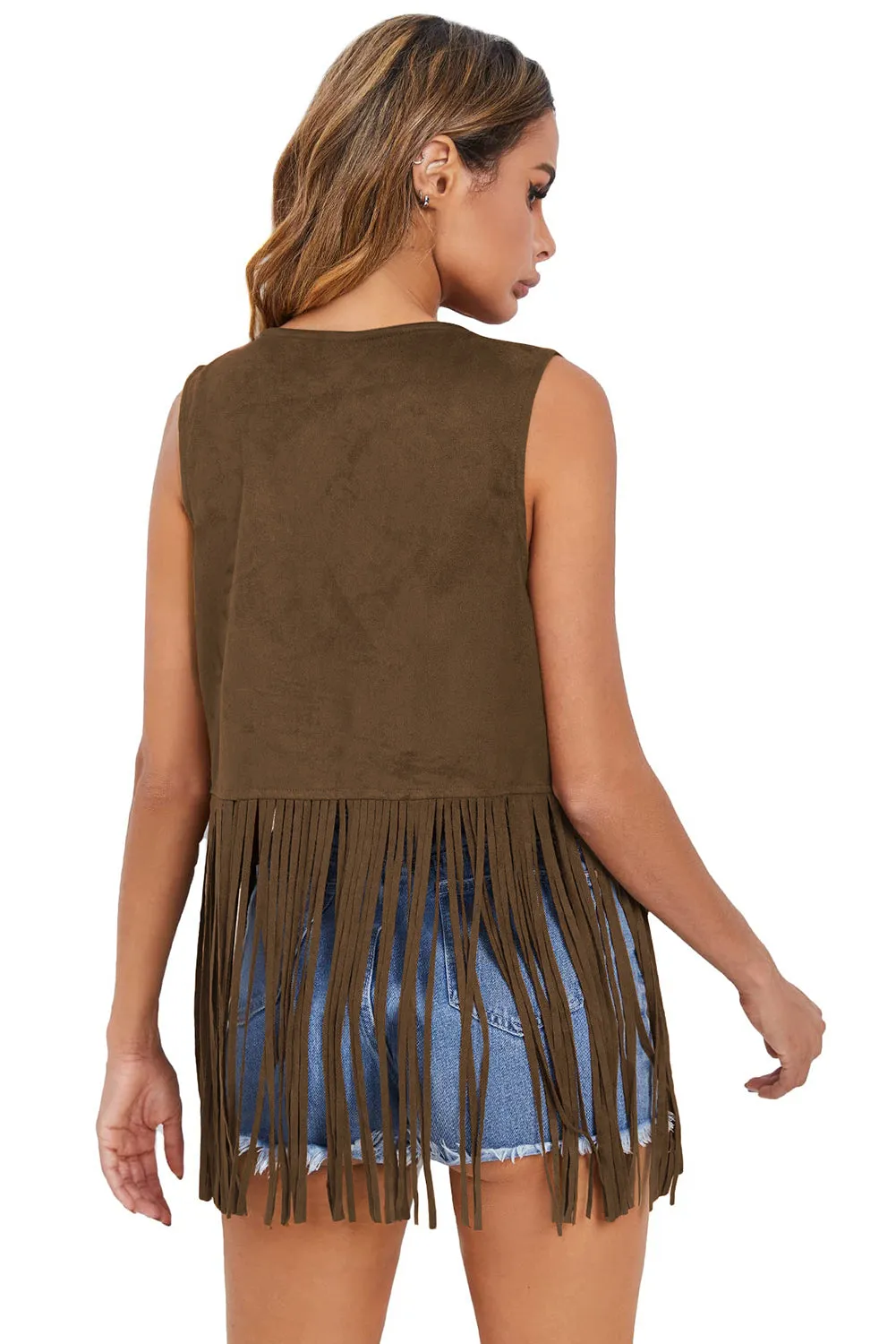 Brown Fringed Quilted Hem Open Vest Coat