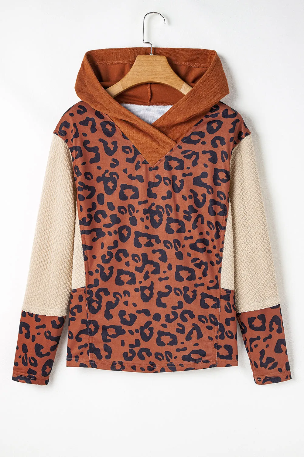 Brown Textured Knit Patchwork Leopard Hoodie