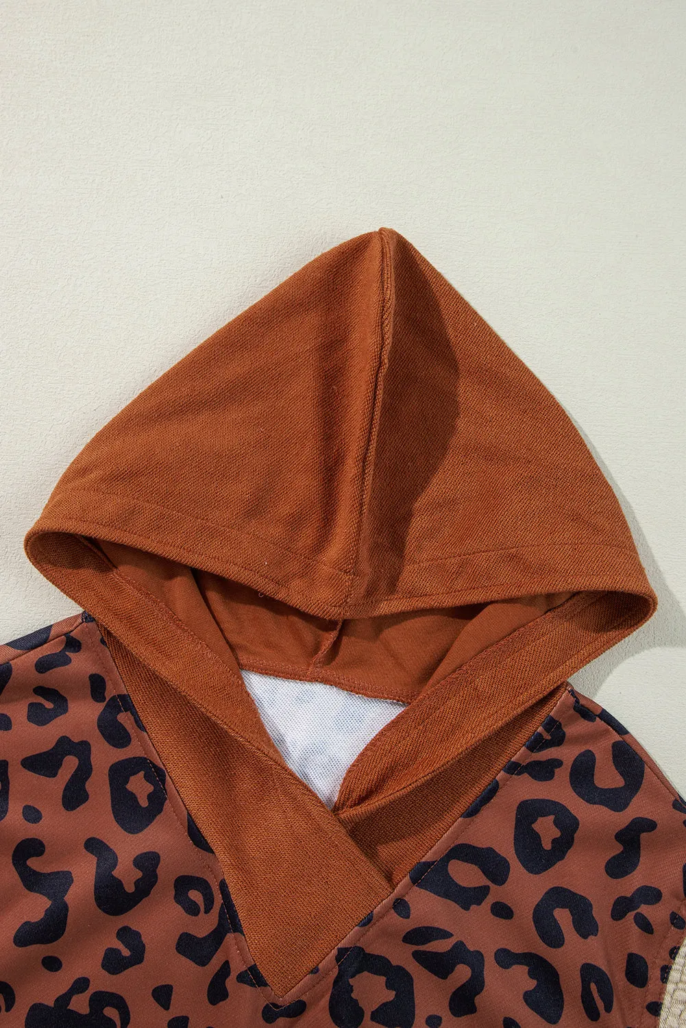 Brown Textured Knit Patchwork Leopard Hoodie