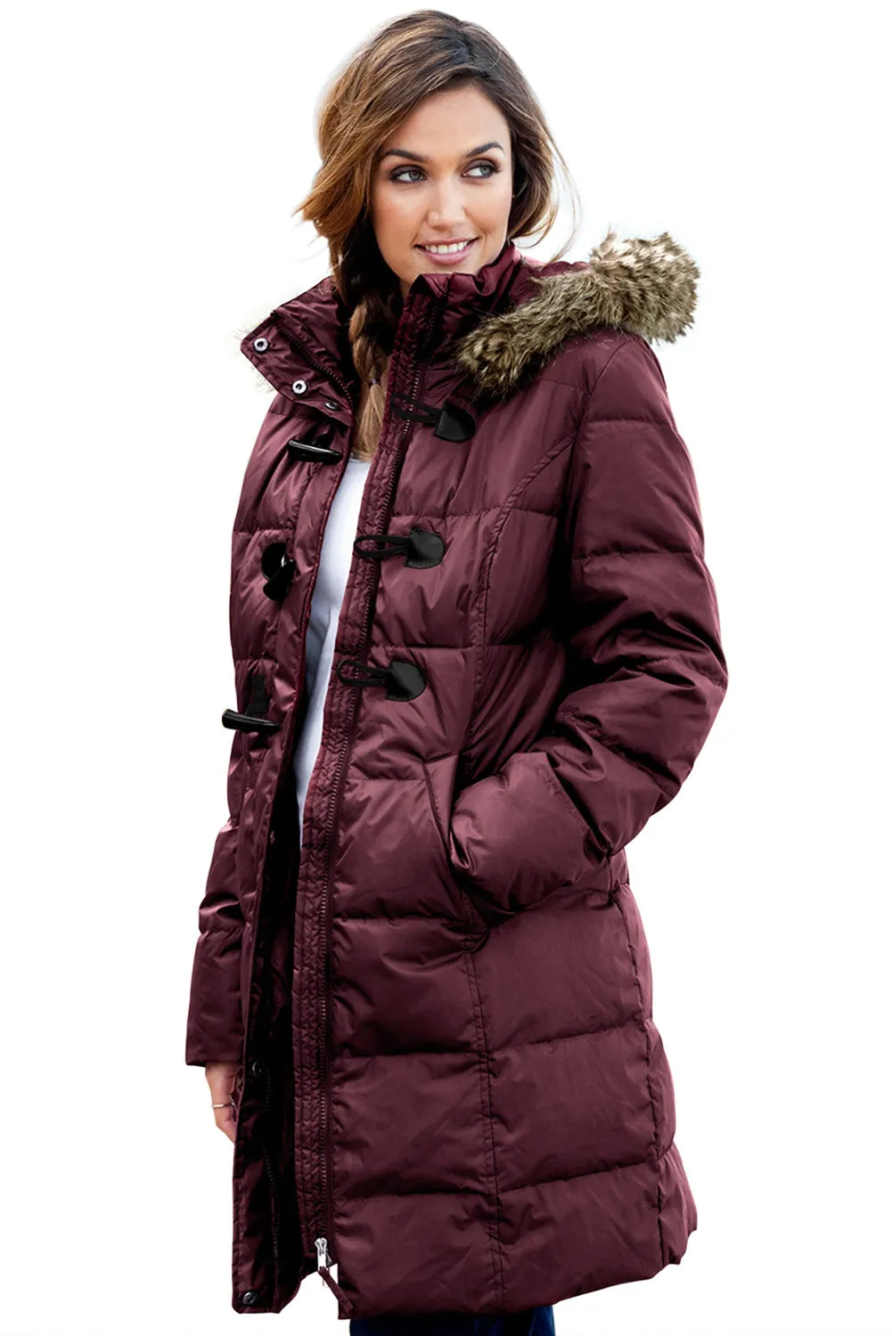 Burgundy Toggle Button Quilted Coat for Women