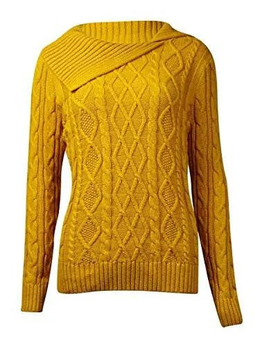 CableKnit Asymmetrical Collar Pullover Sweater Gold M