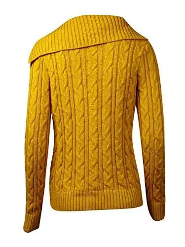 CableKnit Asymmetrical Collar Pullover Sweater Gold M