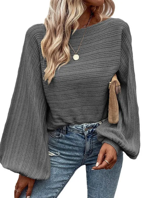 Casual Loose Fit One-Shoulder Pullover With Lantern Sleeves