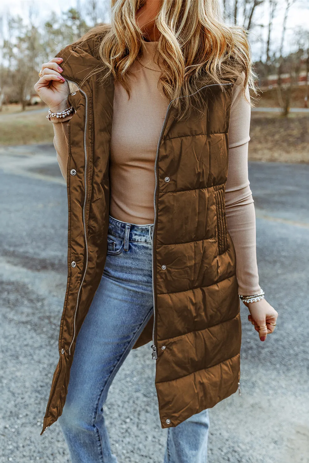 Chestnut Hooded Long Quilted Vest Coat