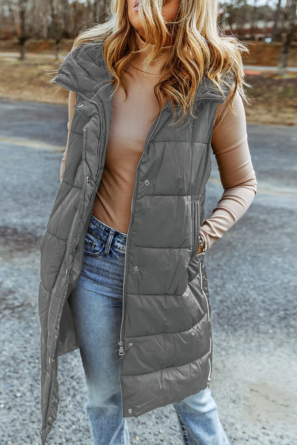 Chestnut Hooded Long Quilted Vest Coat