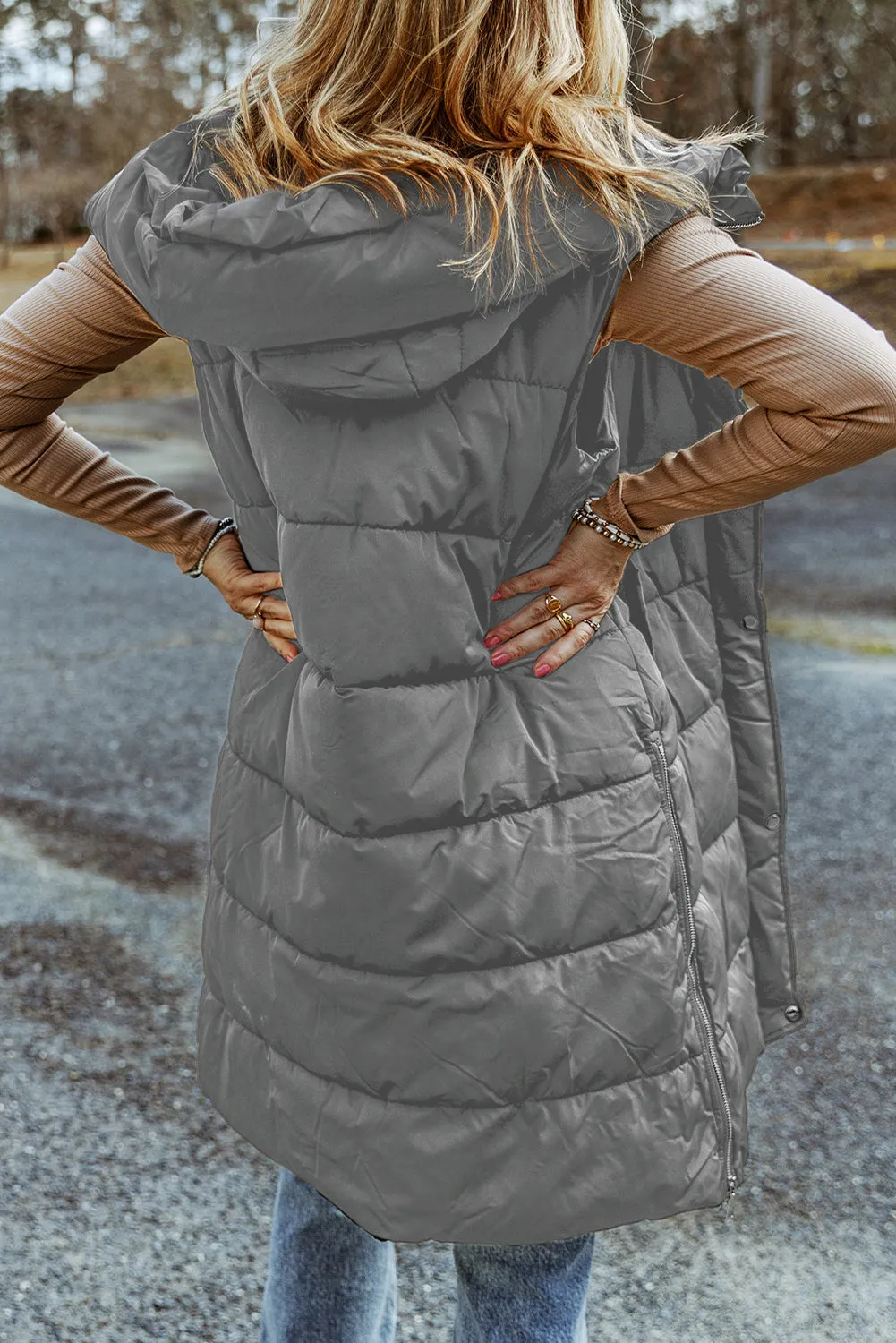 Chestnut Hooded Long Quilted Vest Coat