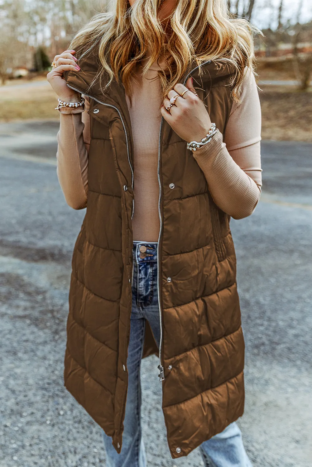 Chestnut Hooded Long Quilted Vest Coat