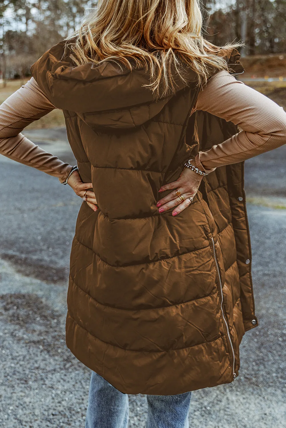 Chestnut Hooded Long Quilted Vest Coat