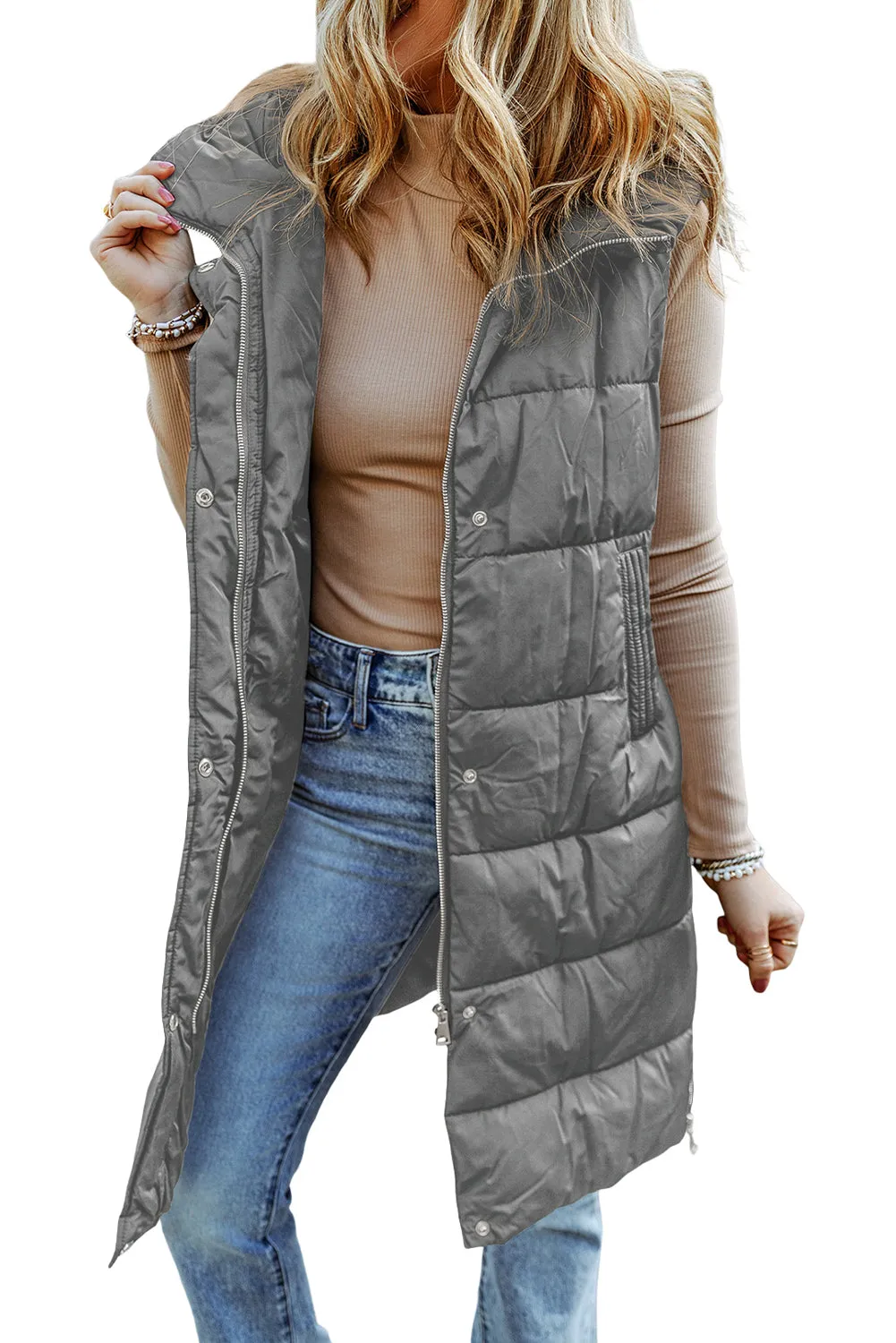 Chestnut Hooded Long Quilted Vest Coat