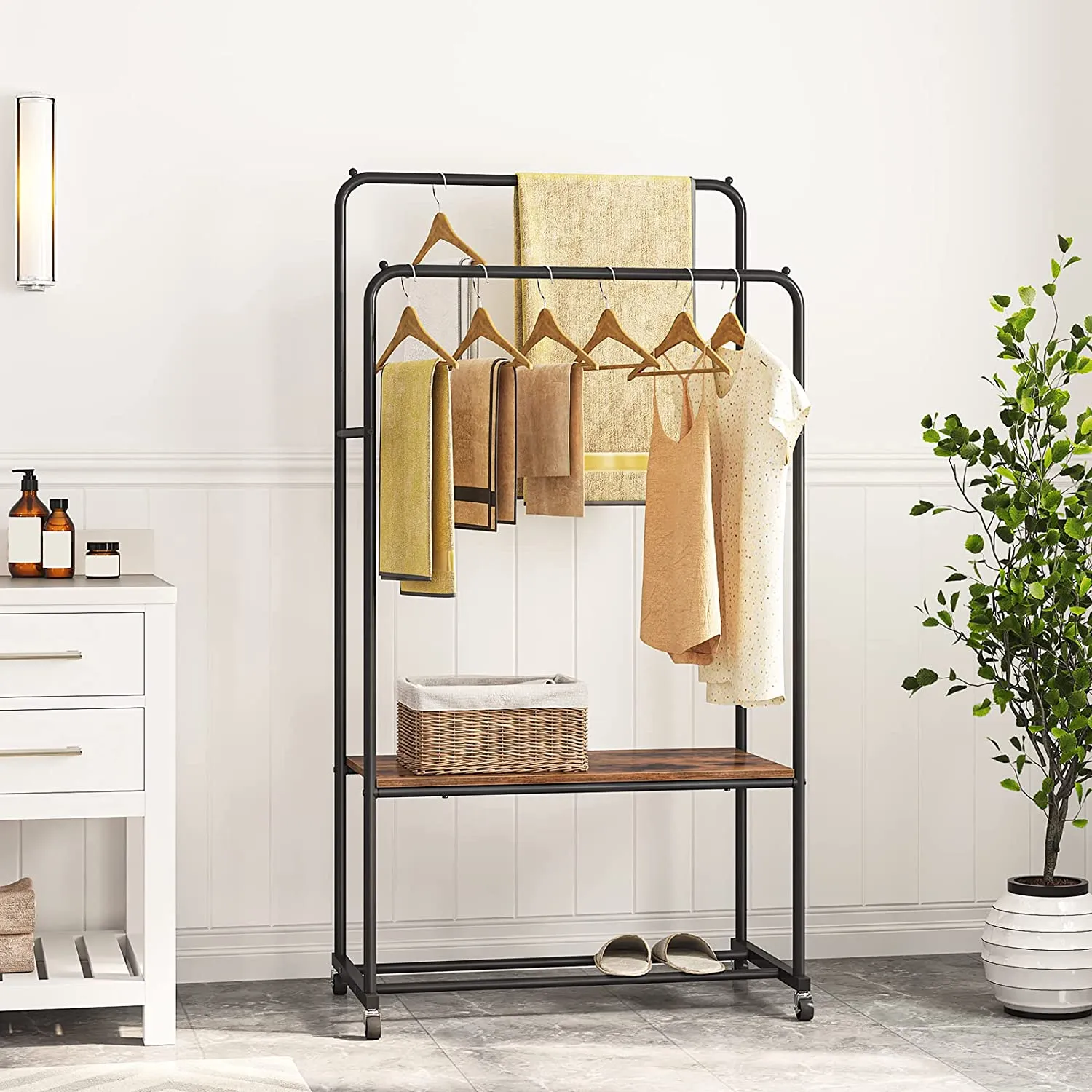 Clothes Rack, Rolling Clothing Rack with Shelf, Garment Rack on Wheels, Hanging Rack for Clothes