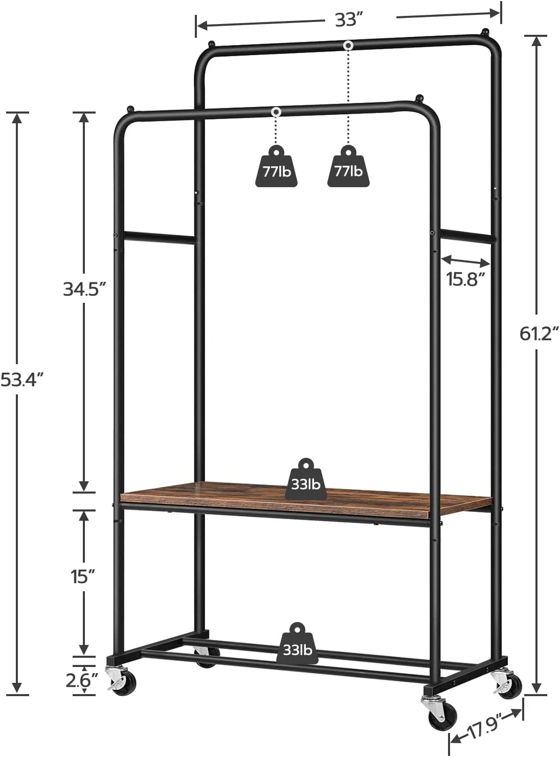 Clothes Rack, Rolling Clothing Rack with Shelf, Garment Rack on Wheels, Hanging Rack for Clothes