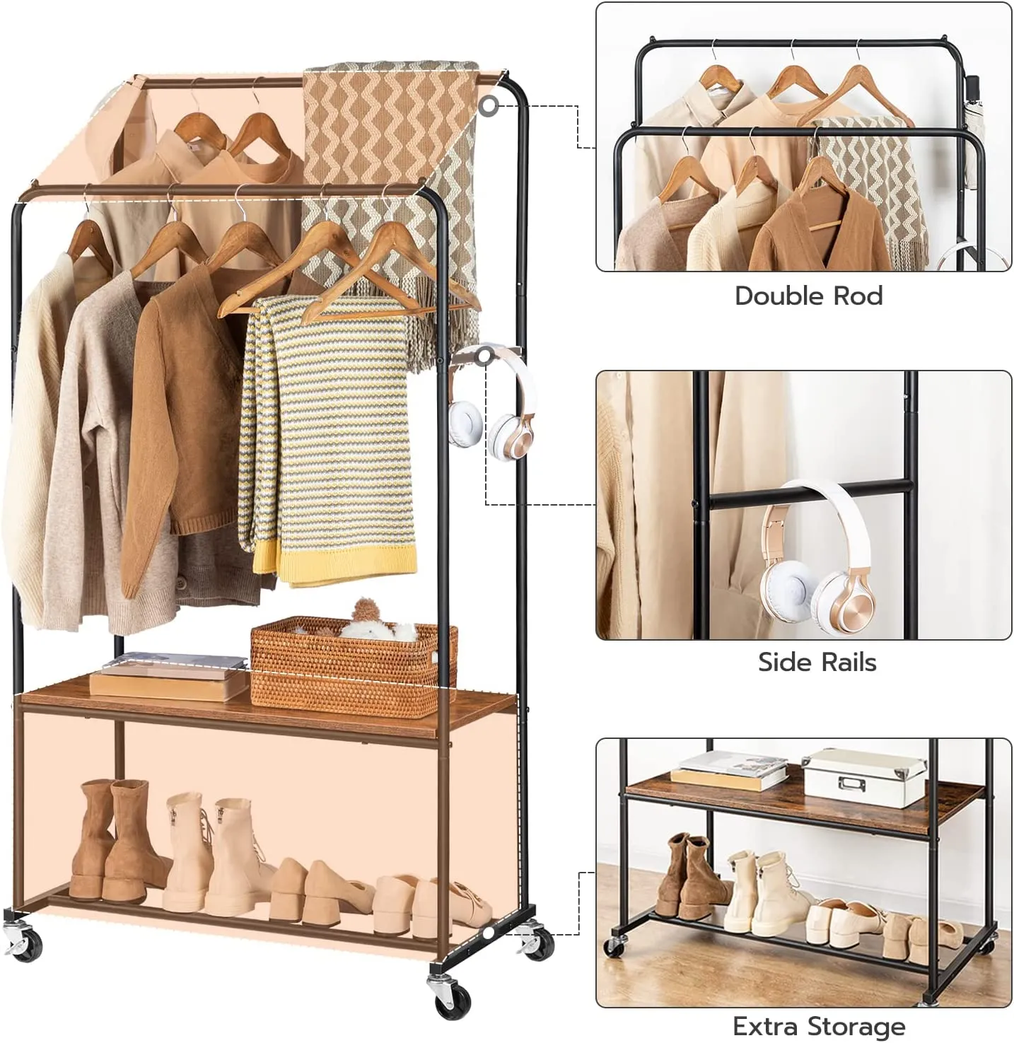 Clothes Rack, Rolling Clothing Rack with Shelf, Garment Rack on Wheels, Hanging Rack for Clothes