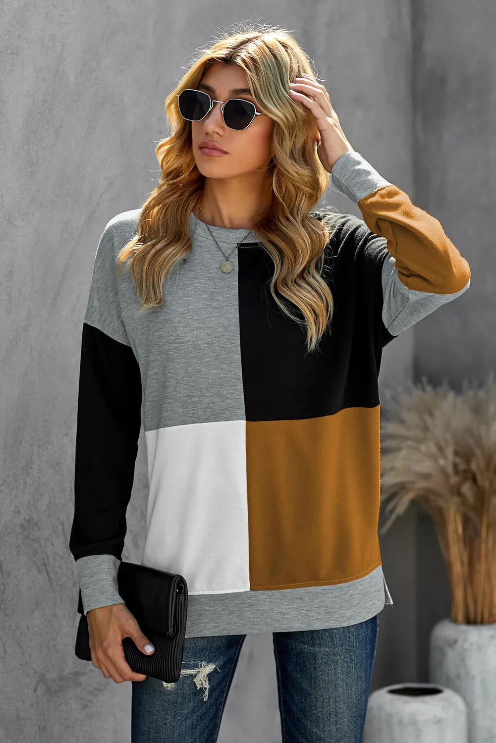 Color Block Round Neck Long Sleeves Pullover Sweatshirt