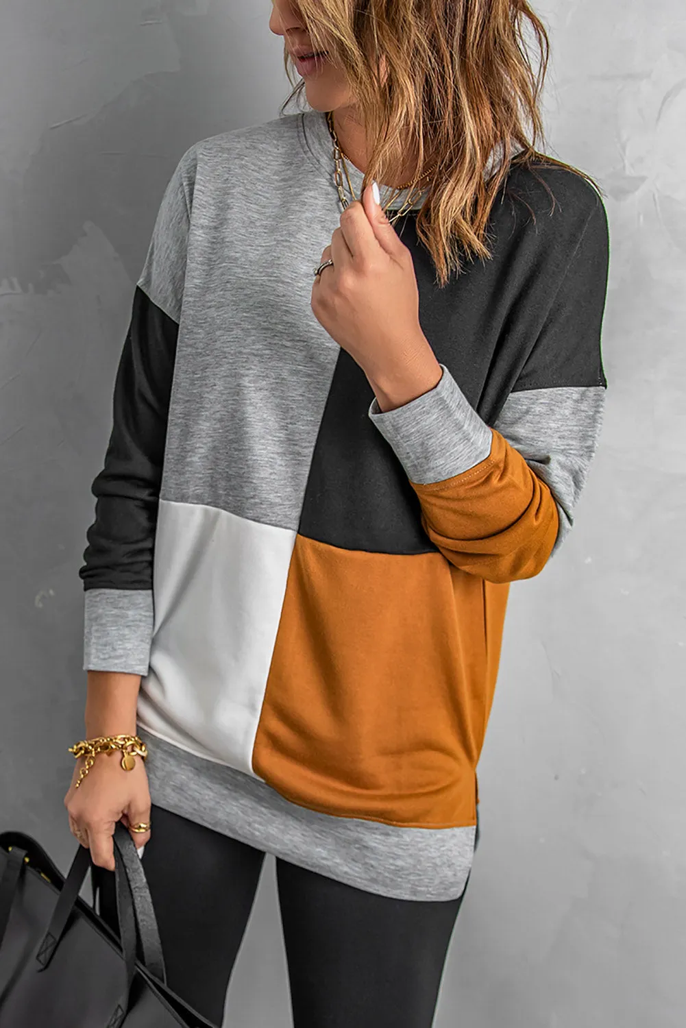 Color Block Round Neck Long Sleeves Pullover Sweatshirt