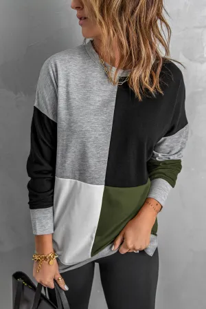 Color Block Round Neck Long Sleeves Pullover Sweatshirt