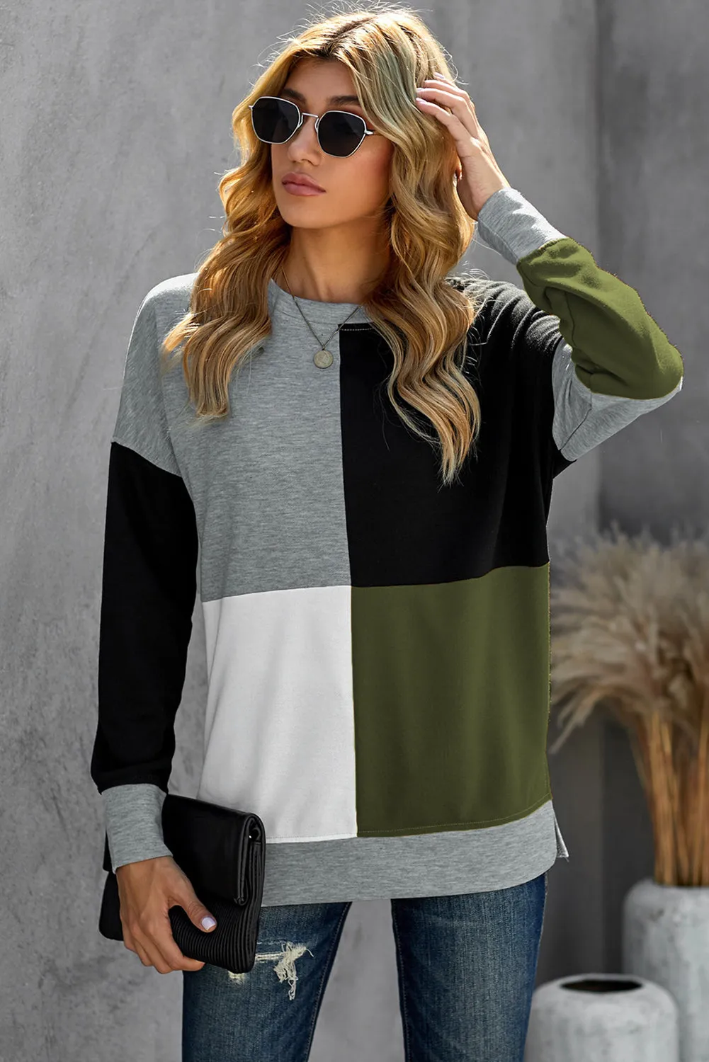 Color Block Round Neck Long Sleeves Pullover Sweatshirt