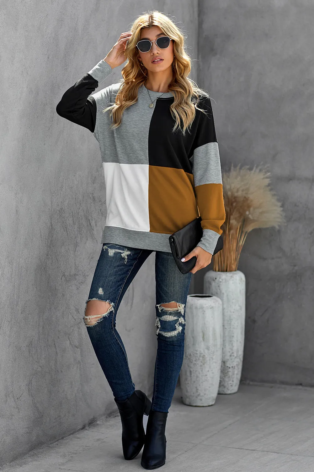 Color Block Round Neck Long Sleeves Pullover Sweatshirt