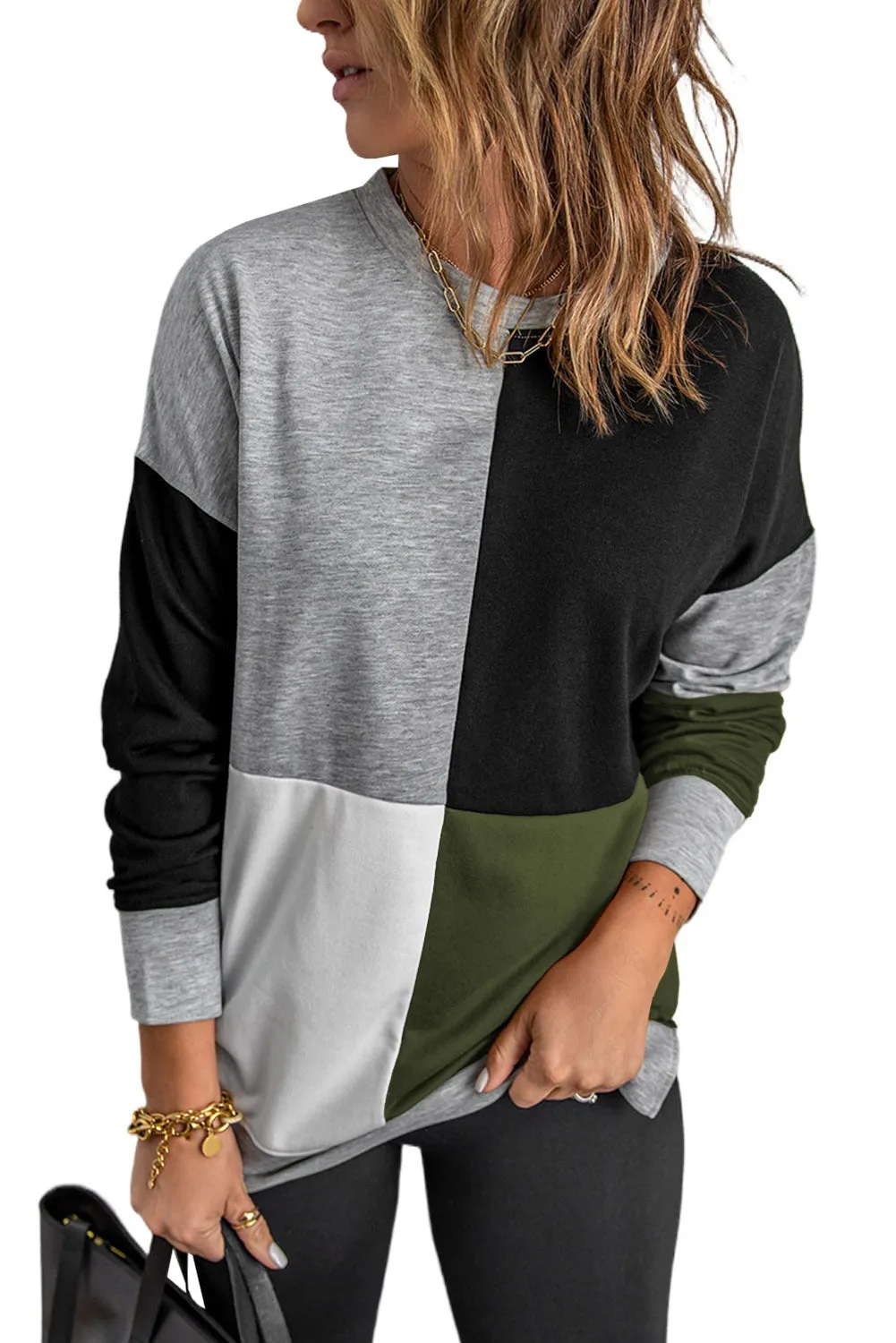 Color Block Round Neck Long Sleeves Pullover Sweatshirt