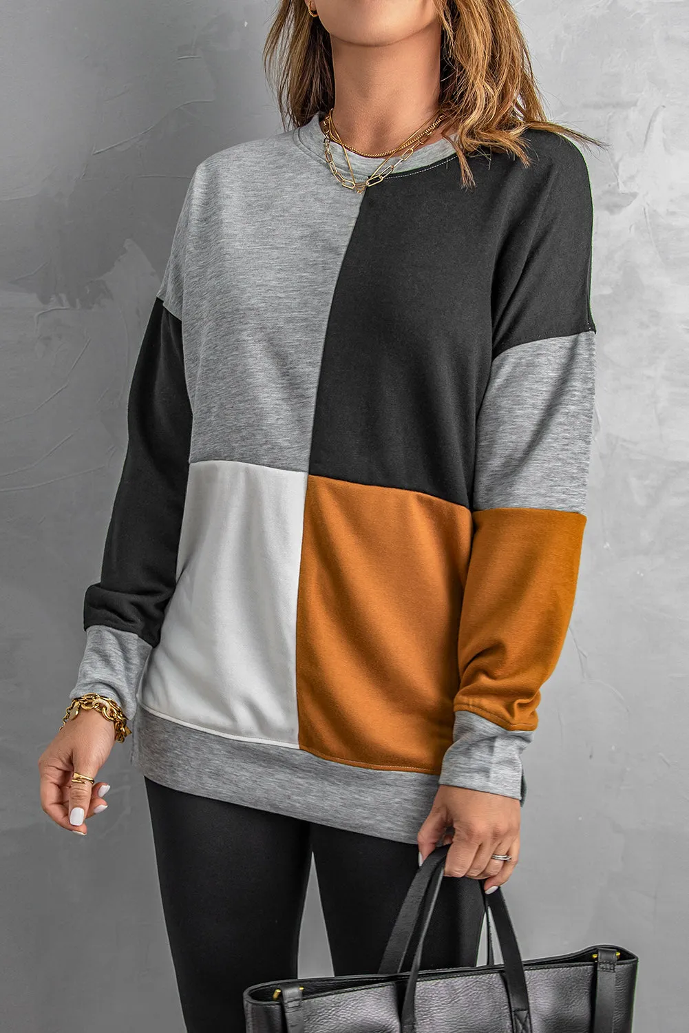 Color Block Round Neck Long Sleeves Pullover Sweatshirt