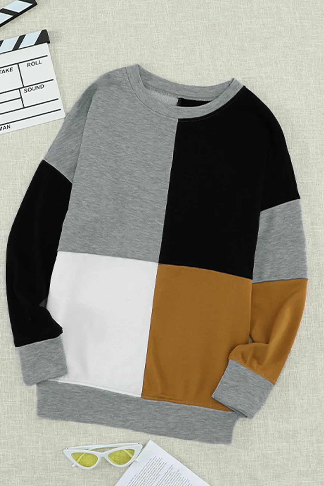 Color Block Round Neck Long Sleeves Pullover Sweatshirt